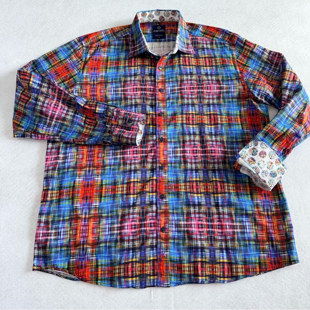 Marcello Sport Men’s XL Red Blue purple Plaid Button Down Shirt - 100% Cotton